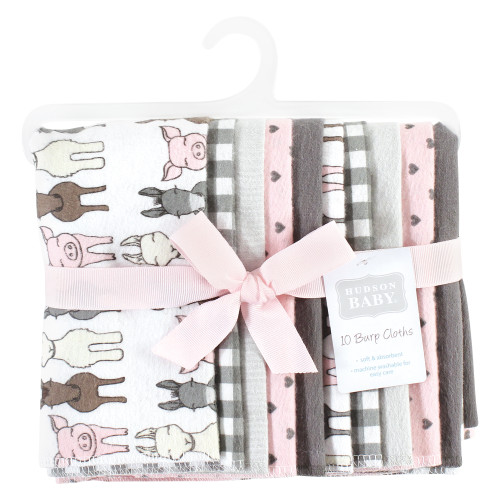 Hudson Baby Cotton Flannel Burp Cloths, Farm Friends Pink 10-Pack