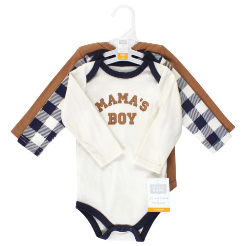 Hudson Baby Cotton Long-Sleeve Bodysuits, Brown Navy Mamas Boy 3-Pack