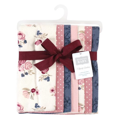 Hudson Baby Cotton Flannel Burp Cloths, Dusty Rose Floral 7-Pack