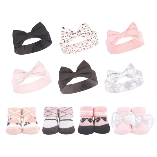 Hudson Baby 10Pc Headband and Socks Set, Berry Floral Damask