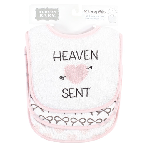 Hudson Baby Cotton Terry Drooler Bibs with Fiber Filling, Heaven Sent Heart Arrow