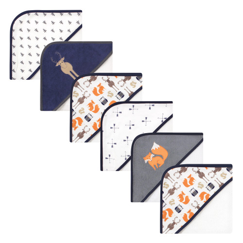 Hudson Baby 6Pc Cotton Rich Hooded Towels Bundle Set, Blue Moose Orange Fox