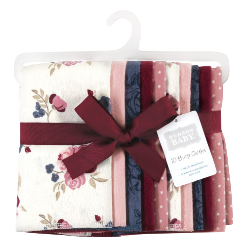 Hudson Baby Cotton Flannel Burp Cloths, Dusty Rose Floral 10-Pack