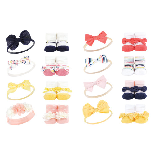 Hudson Baby 16Pc Headband and Socks Set, Pink Yellow Flower Coral Stripe
