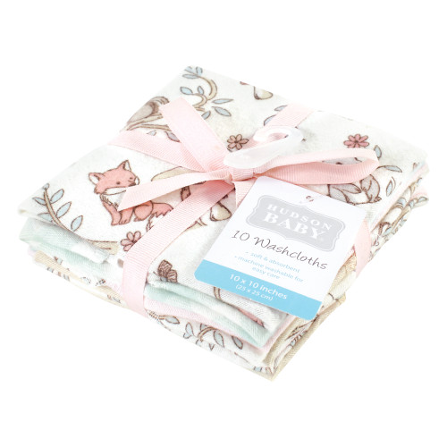 Hudson Baby Flannel Cotton Washcloths, Girl Woodland Pals 10Pk