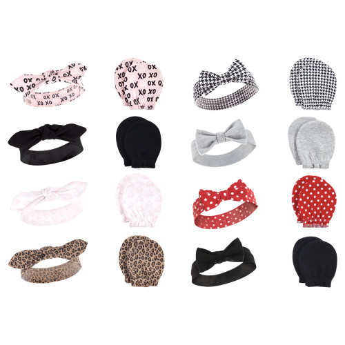 Hudson Baby 16Pc Cotton Headband and Scratch Mitten Set, Black Xoxo Houndstooth