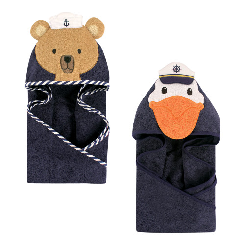 Hudson Baby Cotton Animal Face Hooded Towel Bundle Set, Sailor Bear Pelican