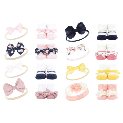 Hudson Baby 16Pc Headband and Socks Set, Blue Blush Floral Pink Yellow Flower