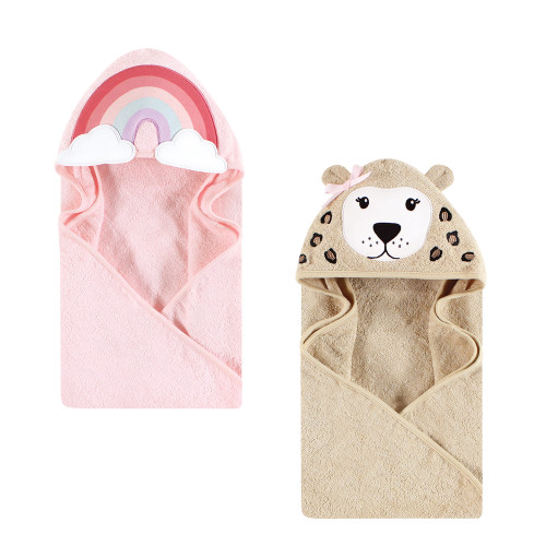 Hudson Baby Cotton Animal Face Hooded Towel Bundle Set, Rainbow Leopard