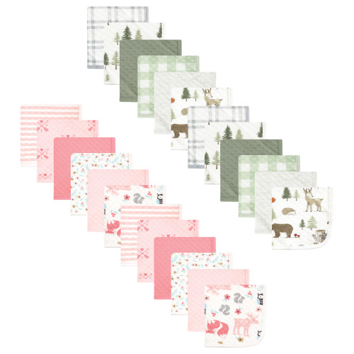 Hudson Baby 24Pc Quilted Cotton Washcloths, Forest Animals Girl Forest