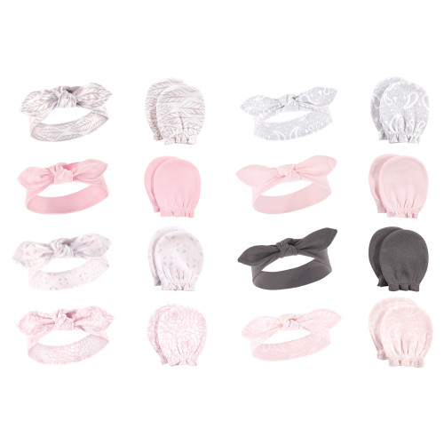 Hudson Baby 16Pc Cotton Headband and Scratch Mitten Set, Gray Feather Pink Bandana