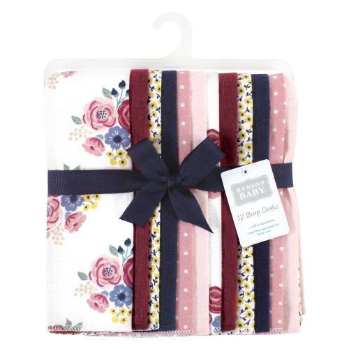 Hudson Baby Cotton Flannel Burp Cloths Bundle, Blush Navy Floral