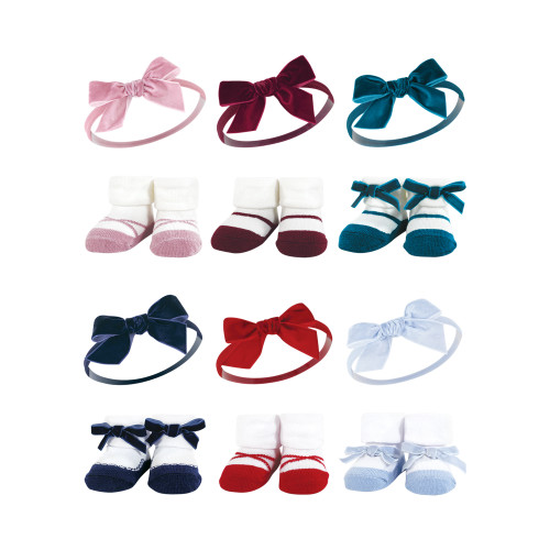 Hudson Baby 12Pc Headband and Socks Giftset, Burgundy Pink Teal Dark Red Blue