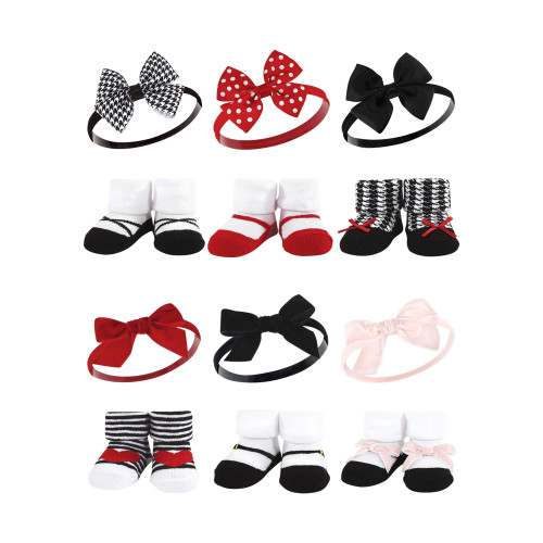 Hudson Baby 12Pc Headband and Socks Giftset, Red Houndstooth Red Pink
