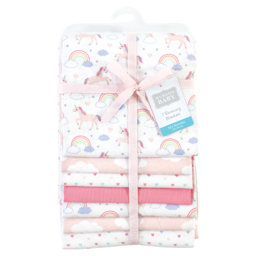 Hudson Baby Cotton Flannel Receiving Blankets Bundle, Unicorns Rainbows