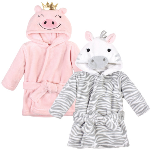 Hudson Baby 2Pc Plush Animal Face Bathrobe, Pig Gray Zebra