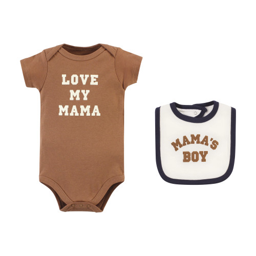 Hudson Baby Cotton Sleep and Play, Bodysuit and Bandana Bib Set, Brown Navy Mamas Boy