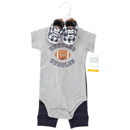Hudson Baby Cotton Bodysuit, Pant and Shoe Set, Football Huddles Short Sleeve