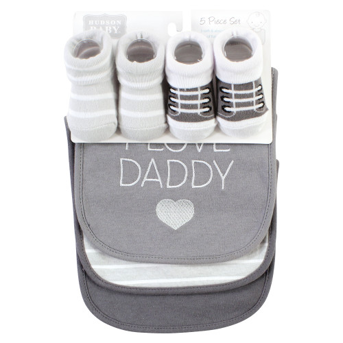 Hudson Baby Cotton Bib and Sock Set, I Love Grey