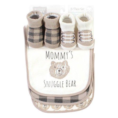 Hudson Baby Cotton Bib and Sock Set, Snuggle Bear