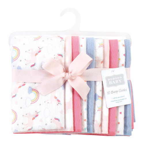 Hudson Baby Cotton Flannel Burp Cloths, Unicorns Rainbows 10 Pack