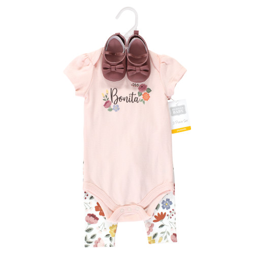 Hudson Baby Cotton Bodysuit, Pant and Shoe Set, Bonita Short Sleeve