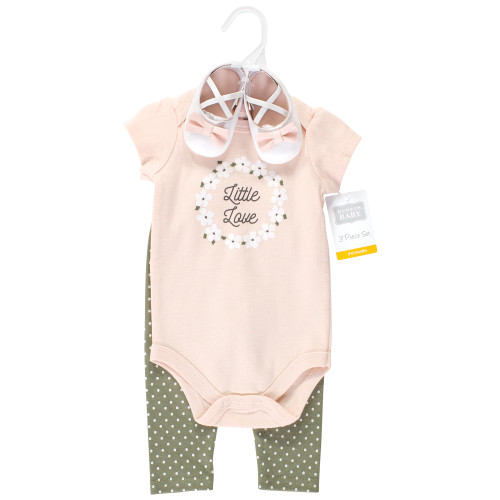 Hudson Baby Cotton Bodysuit, Pant and Shoe Set, Sage Floral Wreath Short Sleeve
