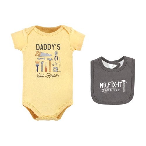 Hudson Baby Cotton Sleep and Play, Bodysuit and Bandana Bib Set, Construction Work
