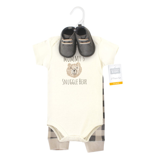 Hudson Baby Cotton Bodysuit, Pant and Shoe Set, Snuggle Bear Short Sleeve