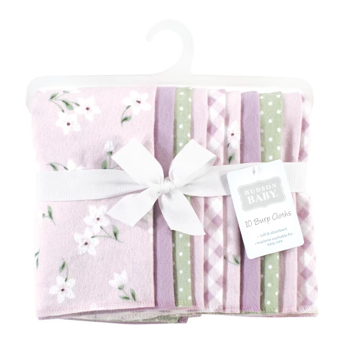Hudson Baby Cotton Poly Flannel Burp Cloths, Purple Dainty Floral 10 Pack