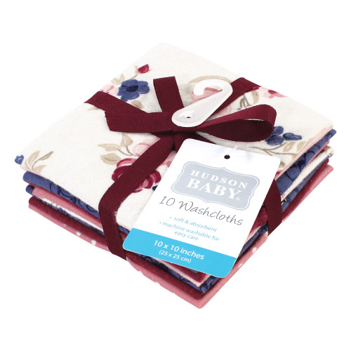 Hudson Baby Flannel Cotton Washcloths, Dusty Rose Floral 10 Pack