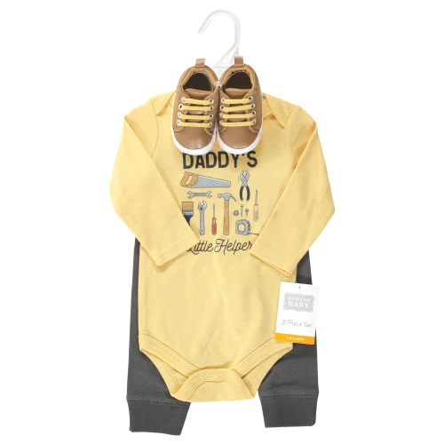 Hudson Baby Cotton Bodysuit, Pant and Shoe Set, Construction Work Long Sleeve