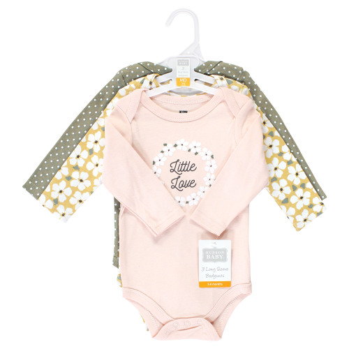 Hudson Baby Cotton Long-Sleeve Bodysuits, Sage Floral Wreath 3 Pack