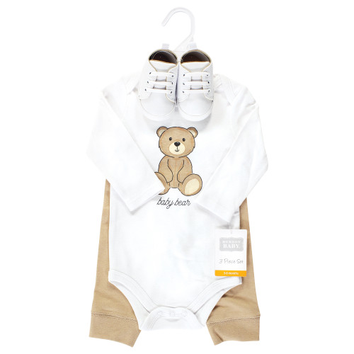 Hudson Baby Cotton Bodysuit, Pant and Shoe Set, Teddy Bears Long Sleeve