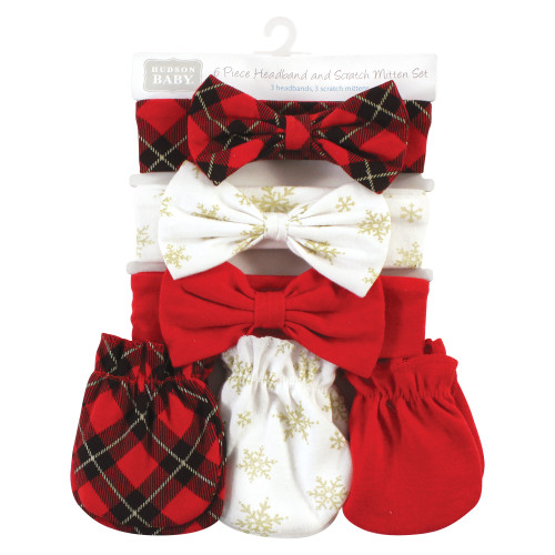 Hudson Baby Cotton Headband and Scratch Mitten Set, Fancy Plaid Snowflake