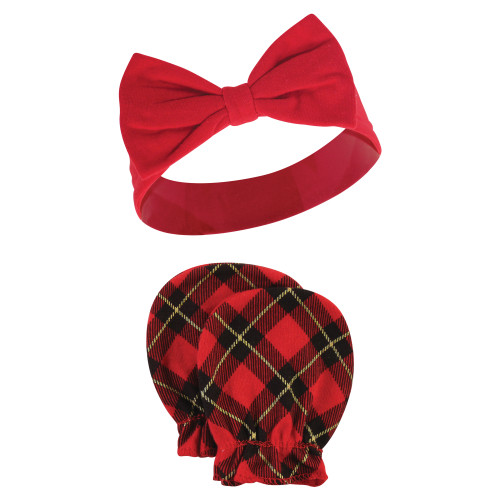 Hudson Baby Cotton Headband and Scratch Mitten Set, Fancy Plaid Snowflake