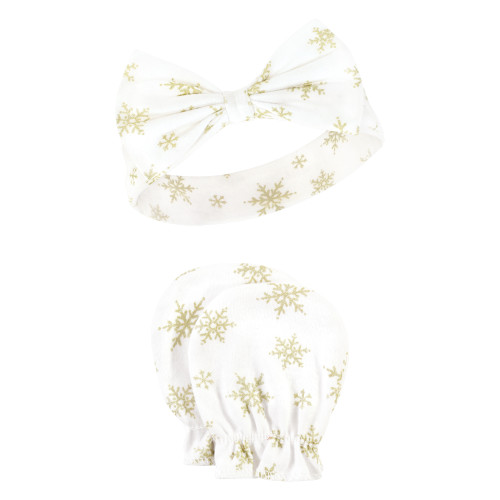 Hudson Baby Cotton Headband and Scratch Mitten Set, Fancy Plaid Snowflake