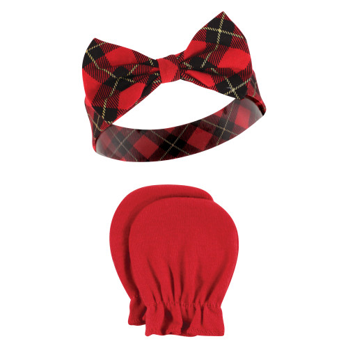 Hudson Baby Cotton Headband and Scratch Mitten Set, Fancy Plaid Snowflake