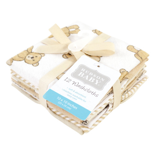Hudson Baby Flannel Cotton Washcloths, Teddy Bears 12 Pack