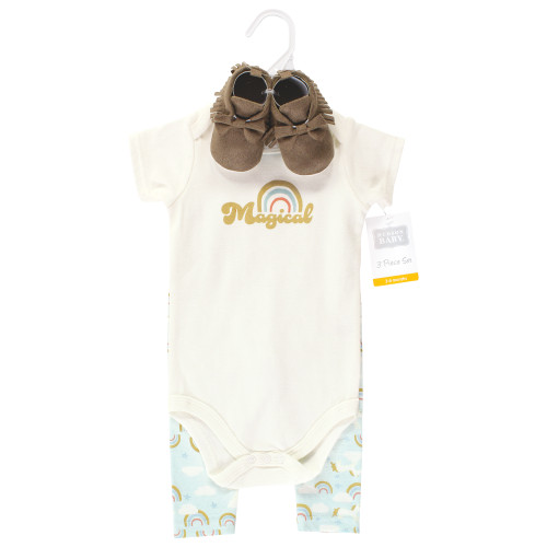 Hudson Baby Cotton Bodysuit, Pant and Shoe Set, Magical Rainbow Short Sleeve