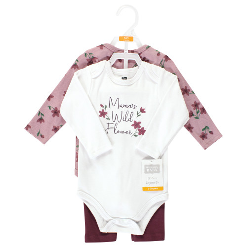 Hudson Baby Cotton Bodysuit and Pant Set, Plum Wildflower Long Sleeve