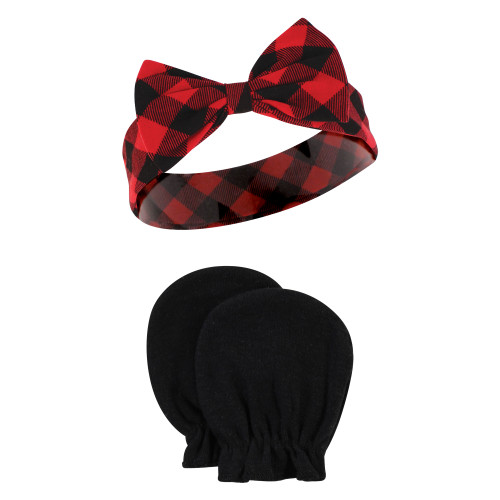 Hudson Baby Cotton Headband and Scratch Mitten Set, Buffalo Plaid Leopard