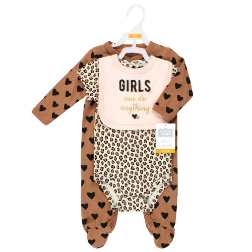 Hudson Baby Cotton Sleep and Play, Bodysuit and Bandana Bib Set, Cinnamon Hearts