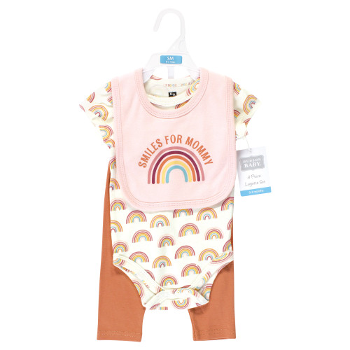 Hudson Baby Cotton Bodysuit, Pant and Bib Set, Sunshine Rainbows