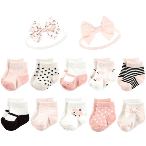 Hudson Baby Sock and Headband 12pc Set, Soft Pink Roses