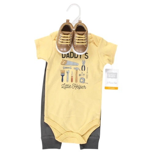 Hudson Baby Cotton Bodysuit, Pant and Shoe Set, Construction Work Short Sleeve