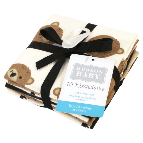 Hudson Baby Flannel Cotton Washcloths, Brown Bear 10 Pack