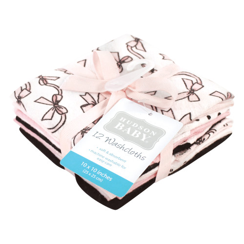 Hudson Baby Flannel Cotton Washcloths, Pink Bows 12 Pack