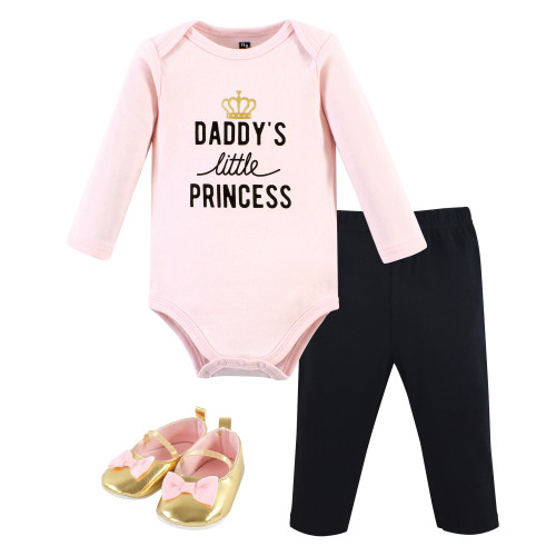 Hudson Baby Cotton Bodysuit, Pant and Shoe Set, Daddys Little Princess Long Sleeve