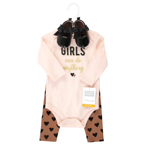 Hudson Baby Cotton Bodysuit, Pant and Shoe Set, Cinnamon Hearts Long Sleeve